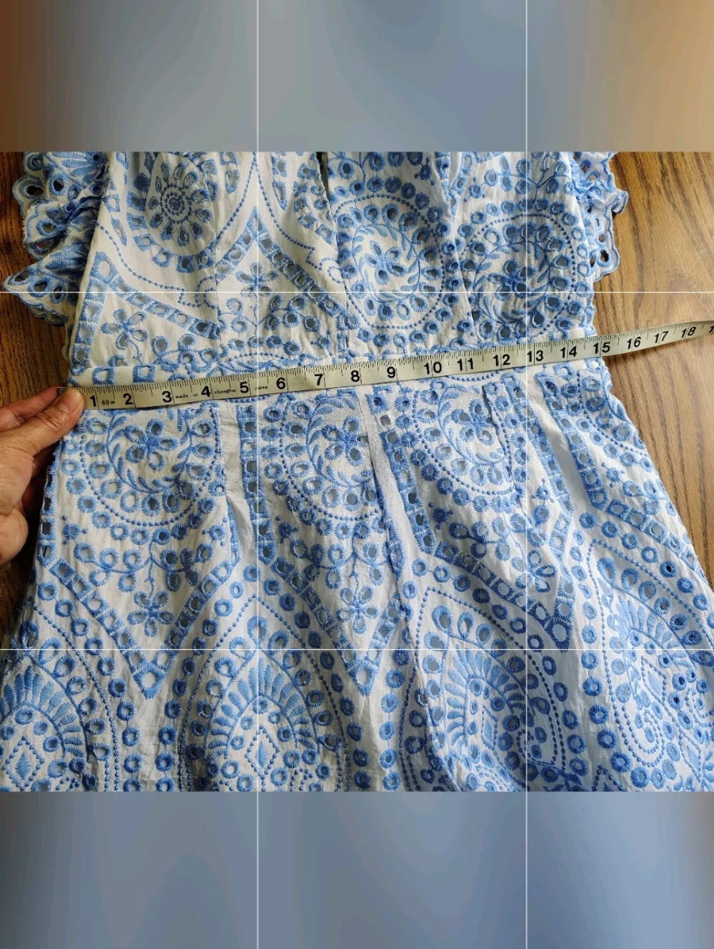 Embellished mini romper floral embroidery eyelets scalloped edges Cotton Sz L. - Picture 9 of 15